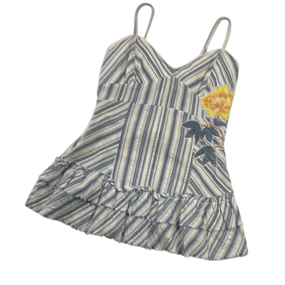 Mooni Striped Patchwork Tank Top Yellow Flower Applique Ruffle Hem Size M